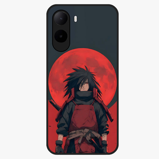 Crimson Moon Warlord Glass Case showing flat back view with mystical moon warrior artwork and glossy glass finish.