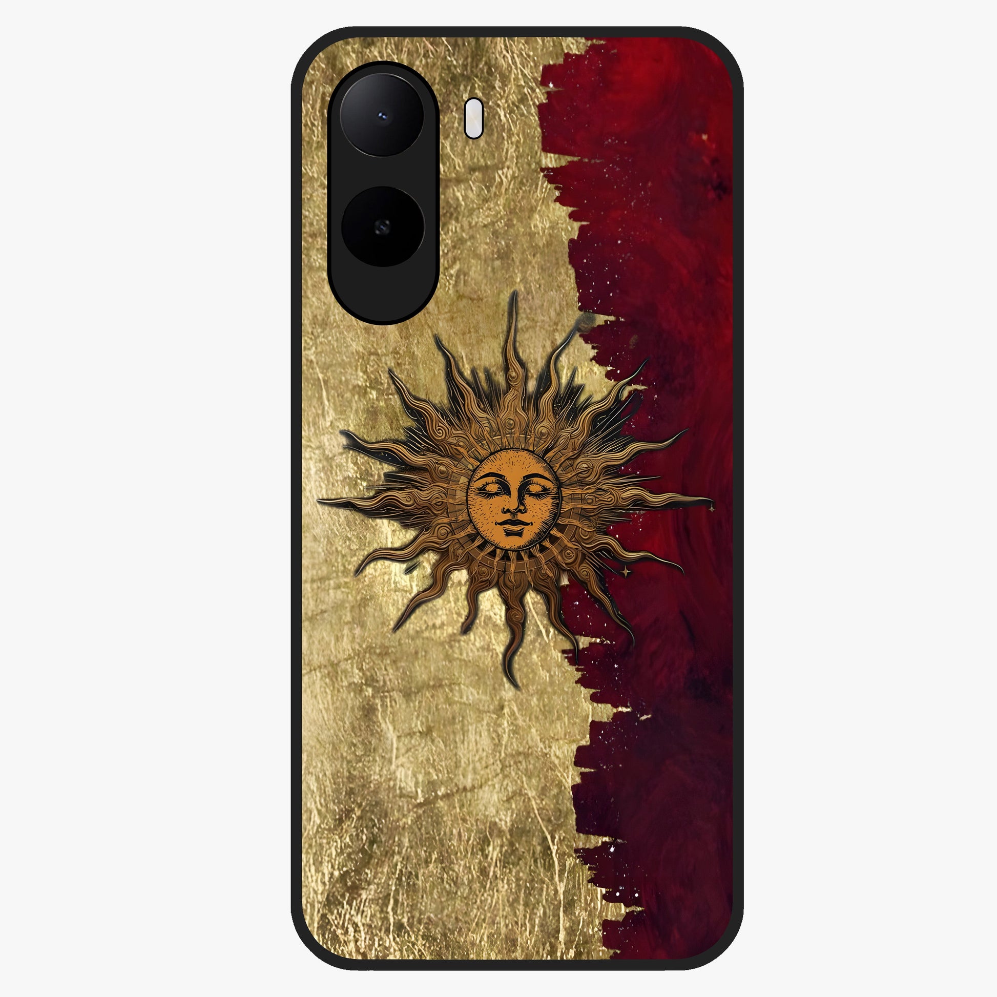 Crimson Sun Majesty Glass Case showing flat back view with radiant sun inspired artwork and glossy glass finish.