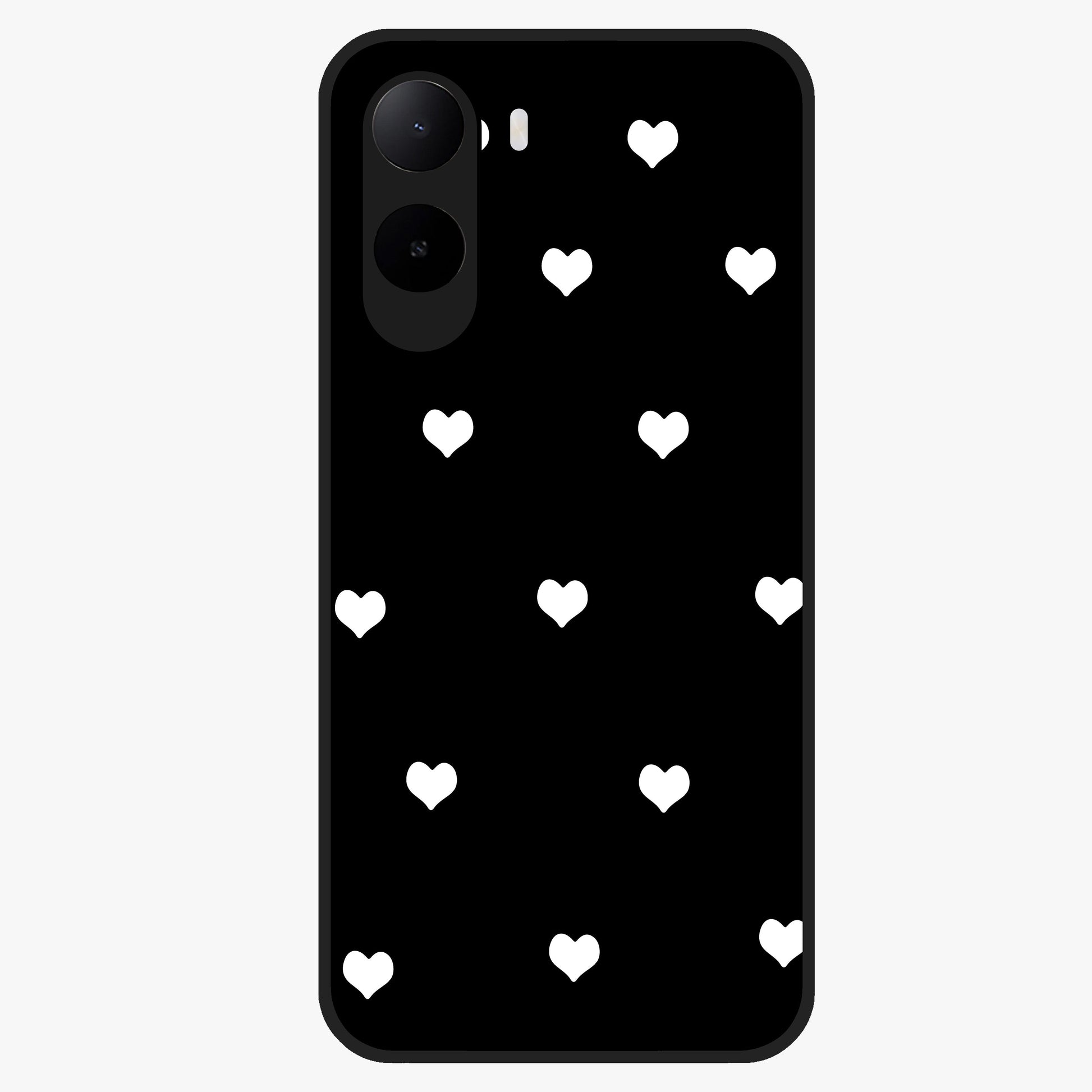 Cute And Simple White Hearts Glass Case showing flat back view with minimal white heart pattern and glossy glass finish.