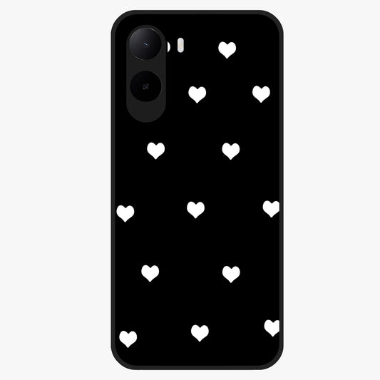 Cute And Simple White Hearts Glass Case showing flat back view with minimal white heart pattern and glossy glass finish.