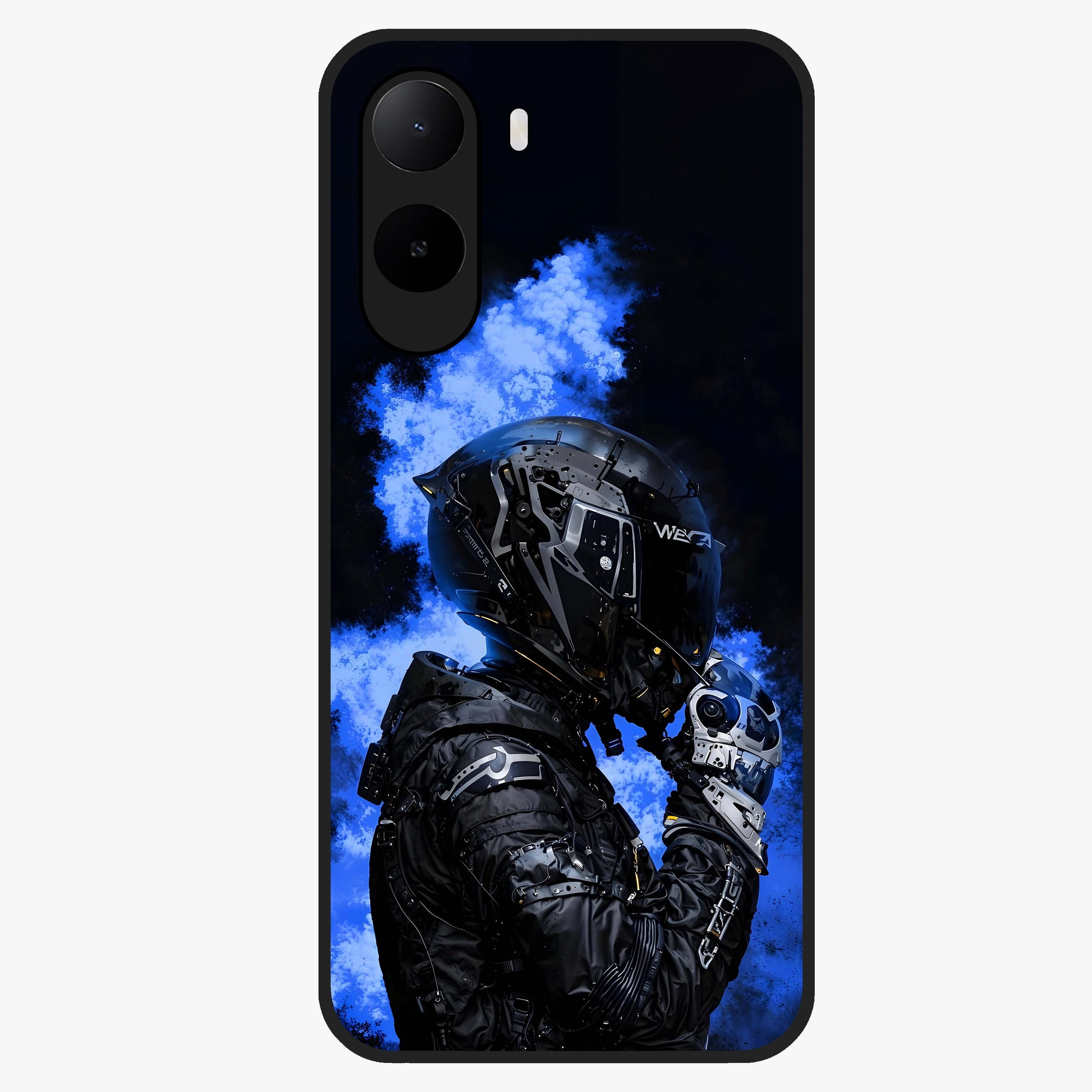 Cyber Sentinel Protocol Glass Case showing flat back view with futuristic cyber themed artwork and glossy glass finish.