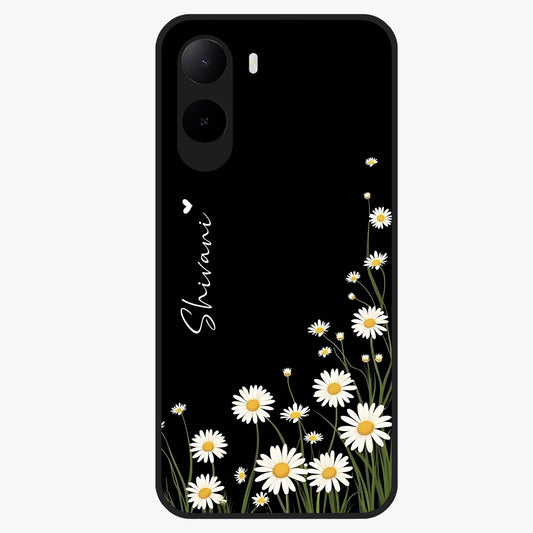 Daisy Cascade Custom Name Glass Case showing flat back view with cascading daisy flowers and personalized name design.