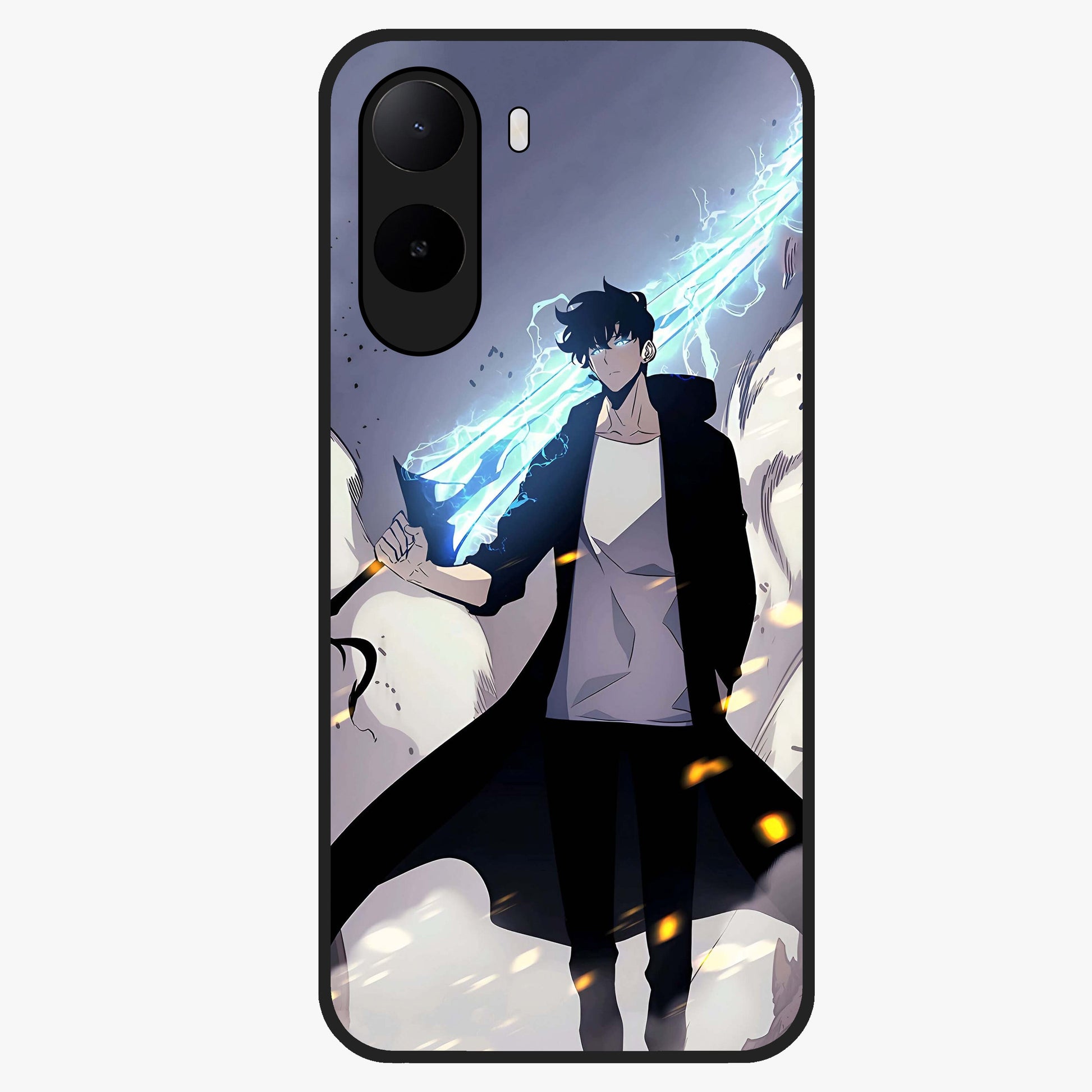 Dark Lightning Anime Warrior Glass Case showing flat back view with intense anime warrior artwork and glossy glass finish.