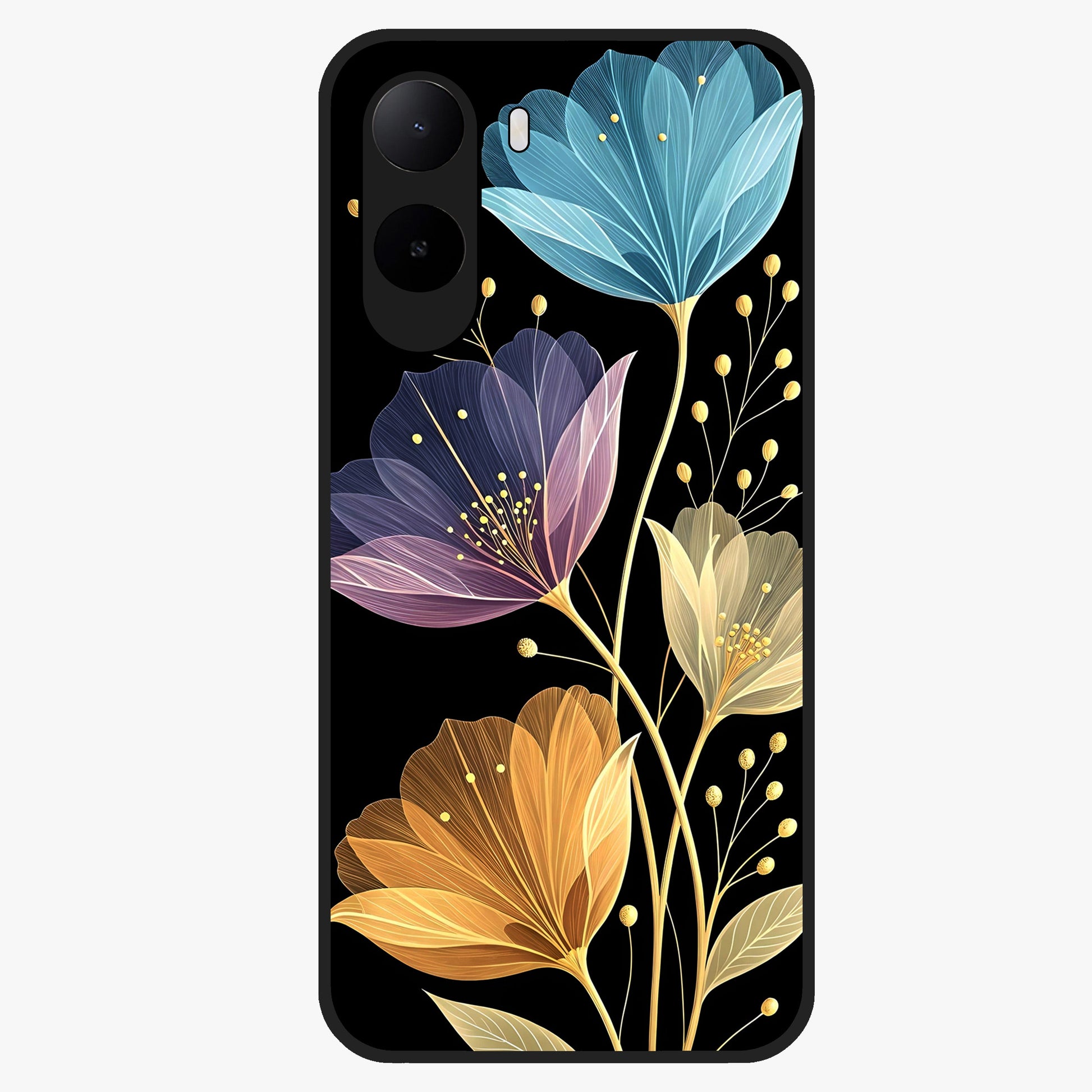 Delicate Multicolor Flowers Glass Case showing flat back view with vibrant floral artwork and glossy glass finish.