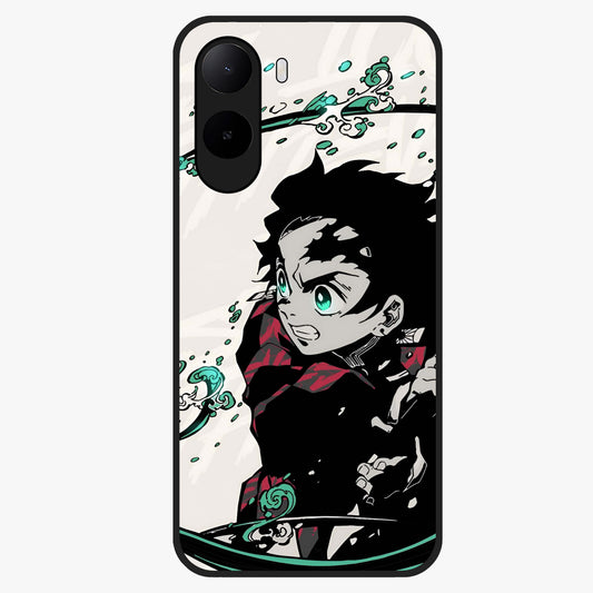 Demon Slayer Glass Case showing flat back view with bold anime inspired artwork and glossy glass finish.
