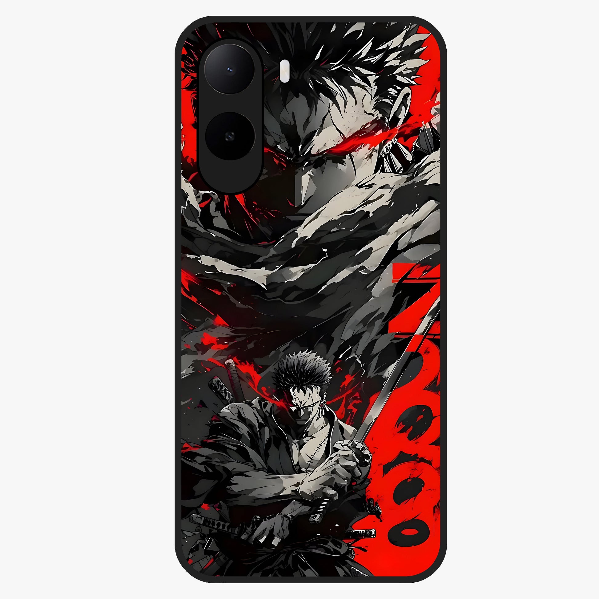 Demon Sword Resolve Glass Case showing flat back view with fierce sword warrior artwork and glossy glass finish.