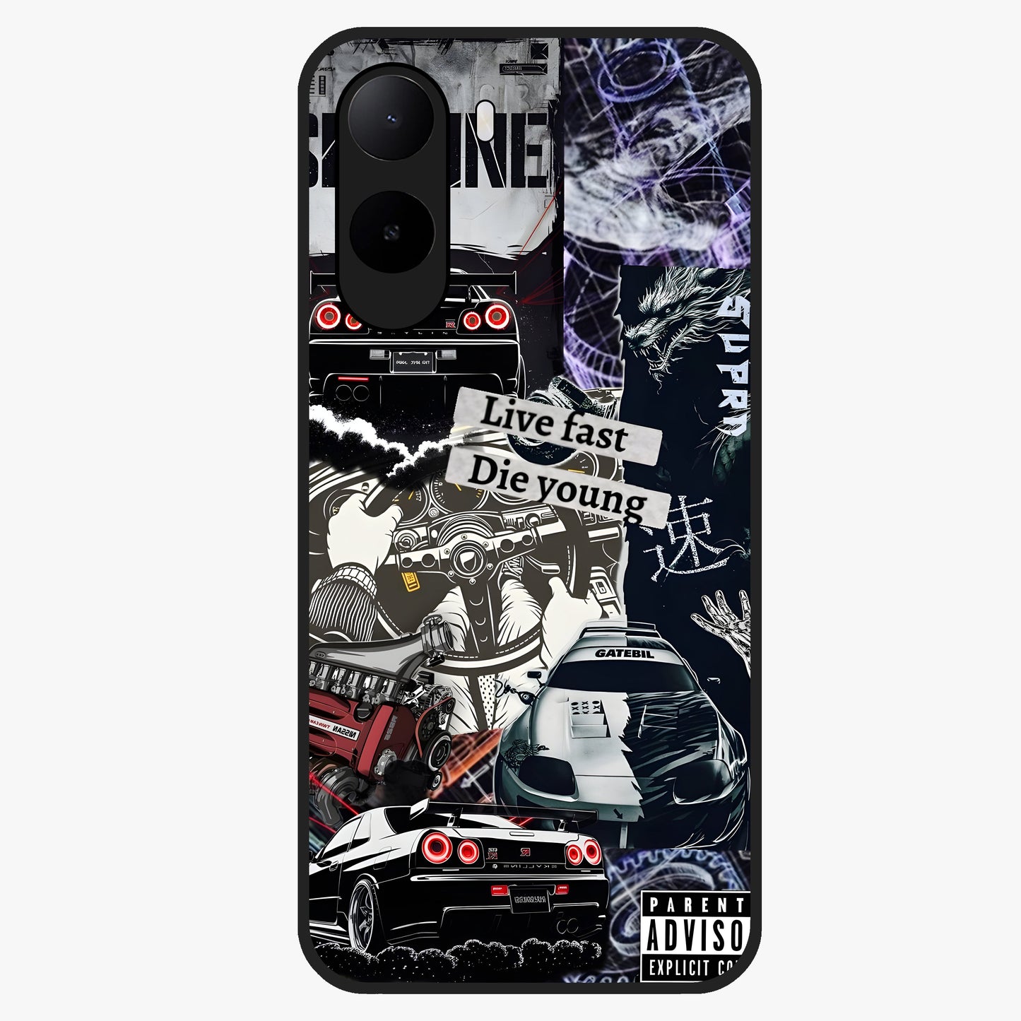 Die Young Glass Case showing flat back view with bold artistic typography design and glossy glass finish.
