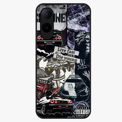Die Young Glass Case showing flat back view with bold artistic typography design and glossy glass finish.