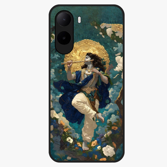 Divine Krishna Art Glass Case showing flat back view with Lord Krishna artwork and glossy glass finish.