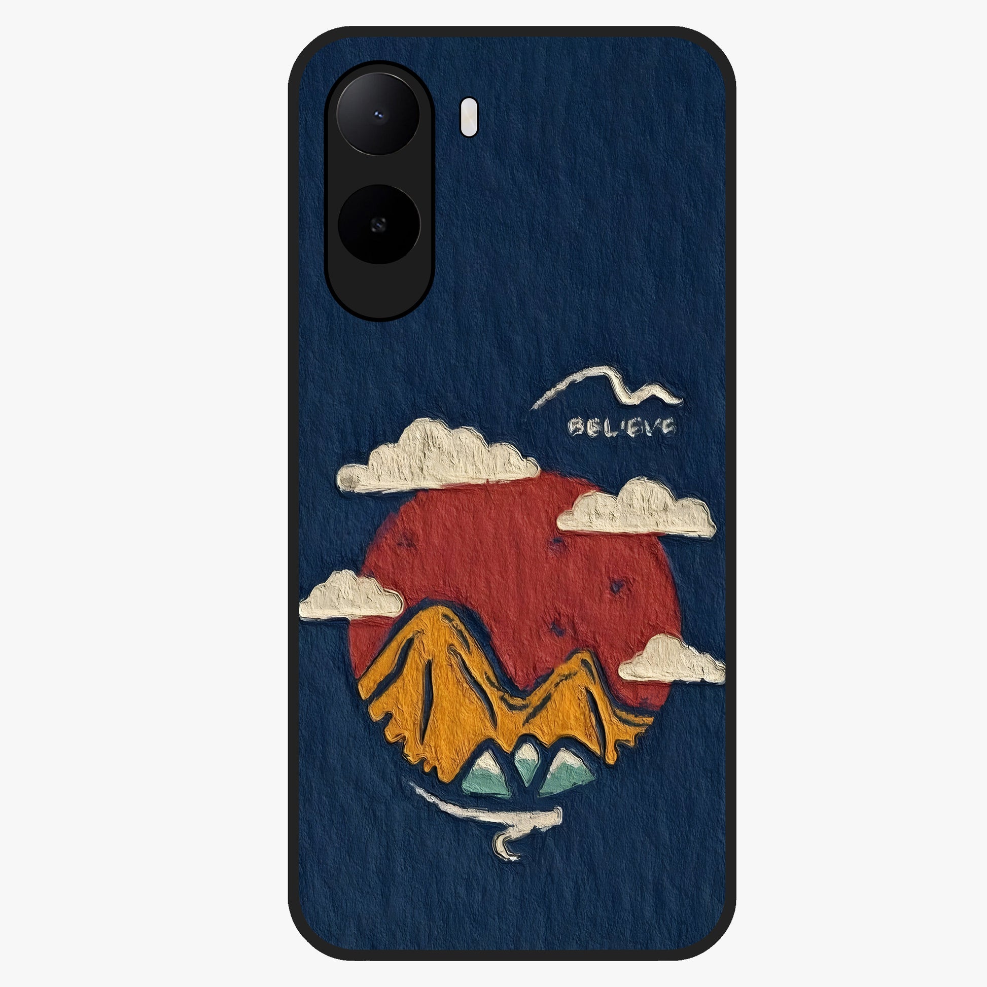 Dream Beyond Mountains Glass Case showing flat back view with scenic mountain landscape artwork and glossy glass finish.