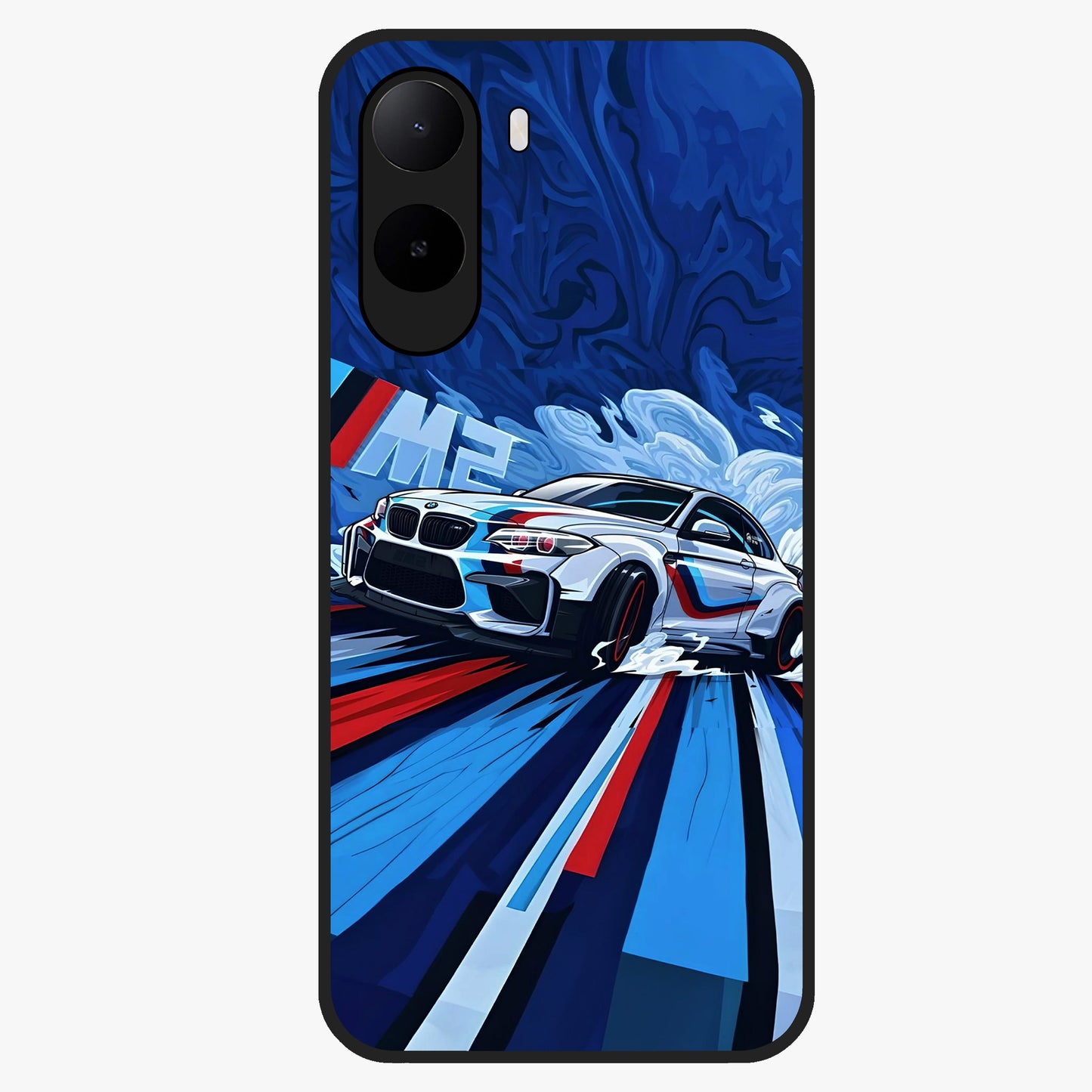 Drift Power Rush Glass Case showing flat back view with dynamic racing inspired artwork and glossy glass finish.
