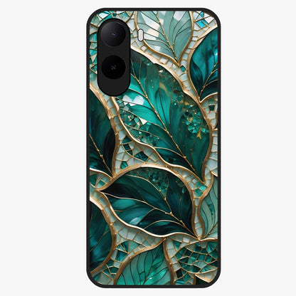 Emerald Leaf Glass Glass Case showing flat back view with emerald green leaf artwork and glossy glass finish.