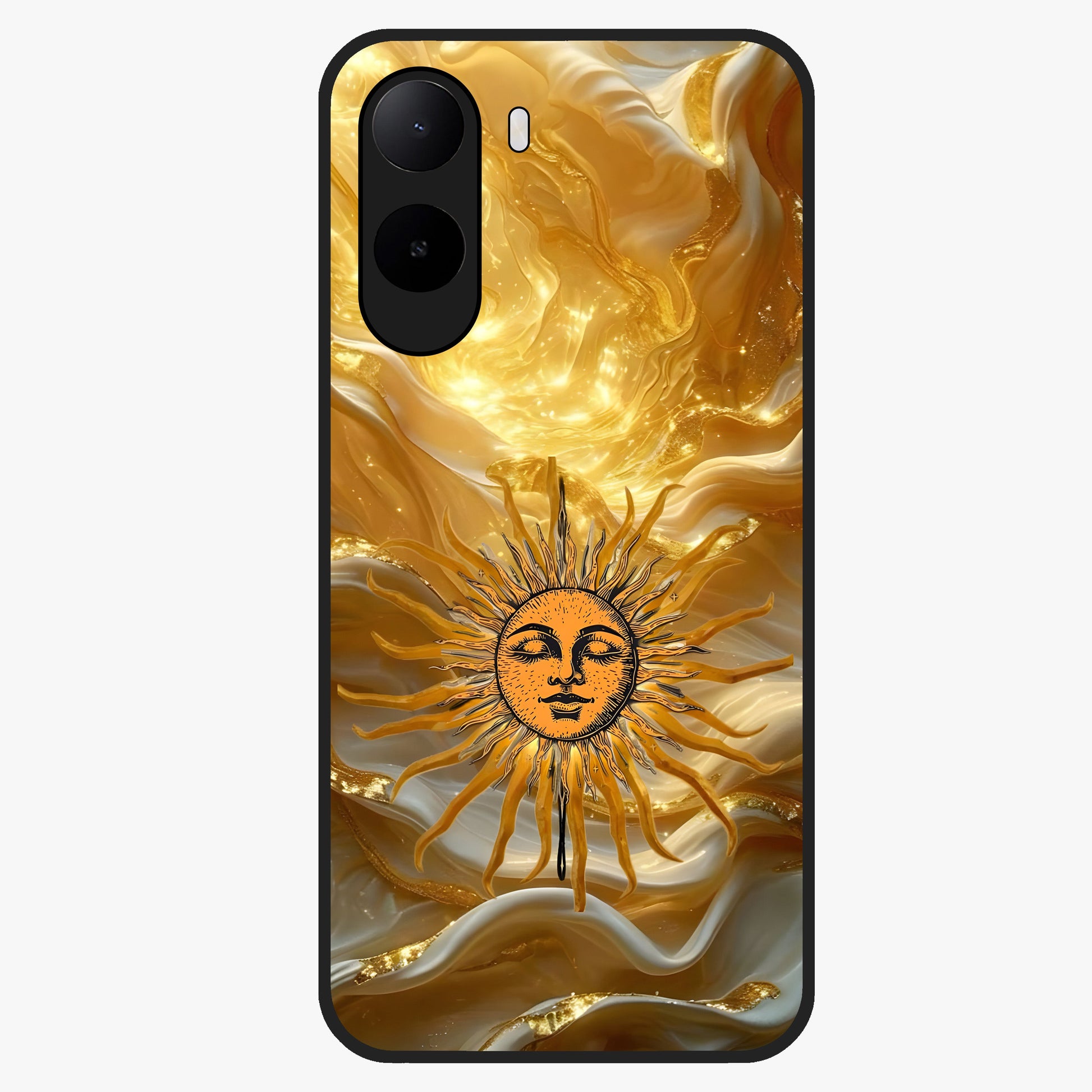 Eternal Golden Glow Glass Case showing flat back view with radiant golden themed artwork and glossy glass finish.
