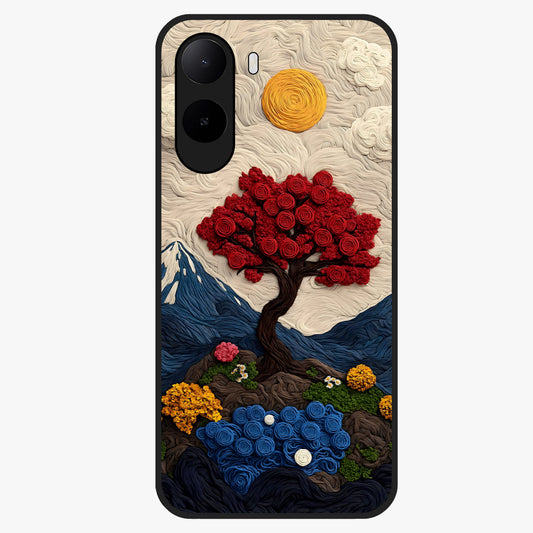 Eternal Nature Tapestry Glass Case showing flat back view with intricate nature tapestry artwork and glossy glass finish.