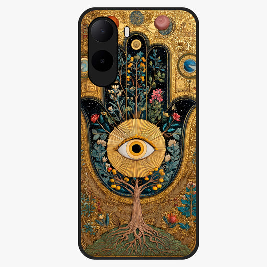 Ethereal Evil Eye Glass Case showing flat back view with mystical evil eye artwork and glossy glass finish.
