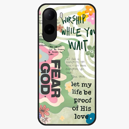 Faith Over Fear Glass Case showing flat back view with motivational typography artwork and glossy glass finish.