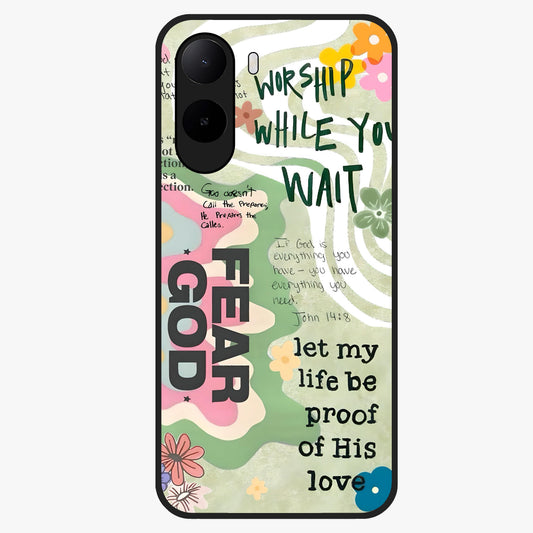 Faith Over Fear Glass Case showing flat back view with motivational typography artwork and glossy glass finish.