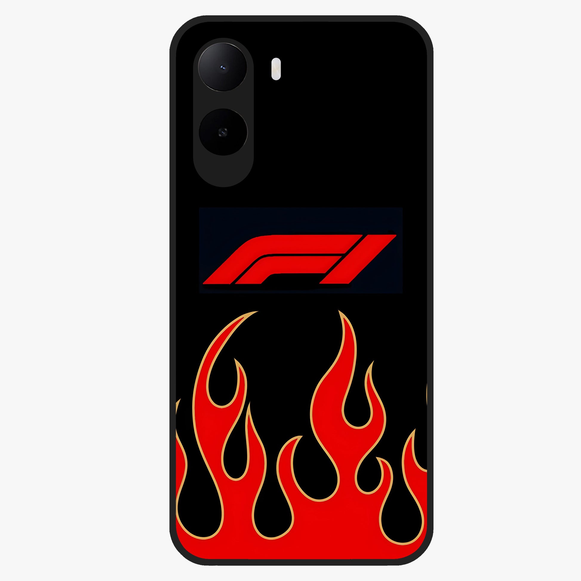 Fire F11 Glass Case showing flat back view with fiery themed artwork and glossy glass finish.