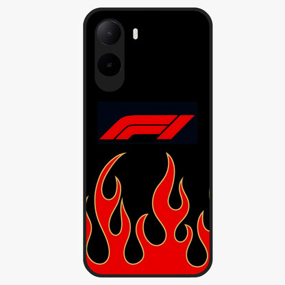 Fire F11 Glass Case showing flat back view with fiery themed artwork and glossy glass finish.