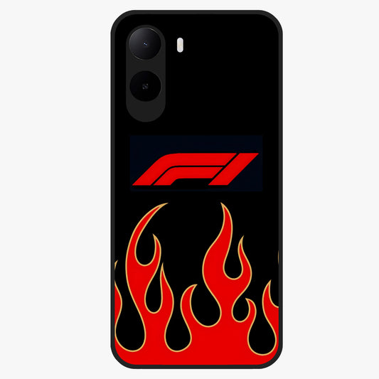 Fire F11 Glass Case showing flat back view with fiery themed artwork and glossy glass finish.