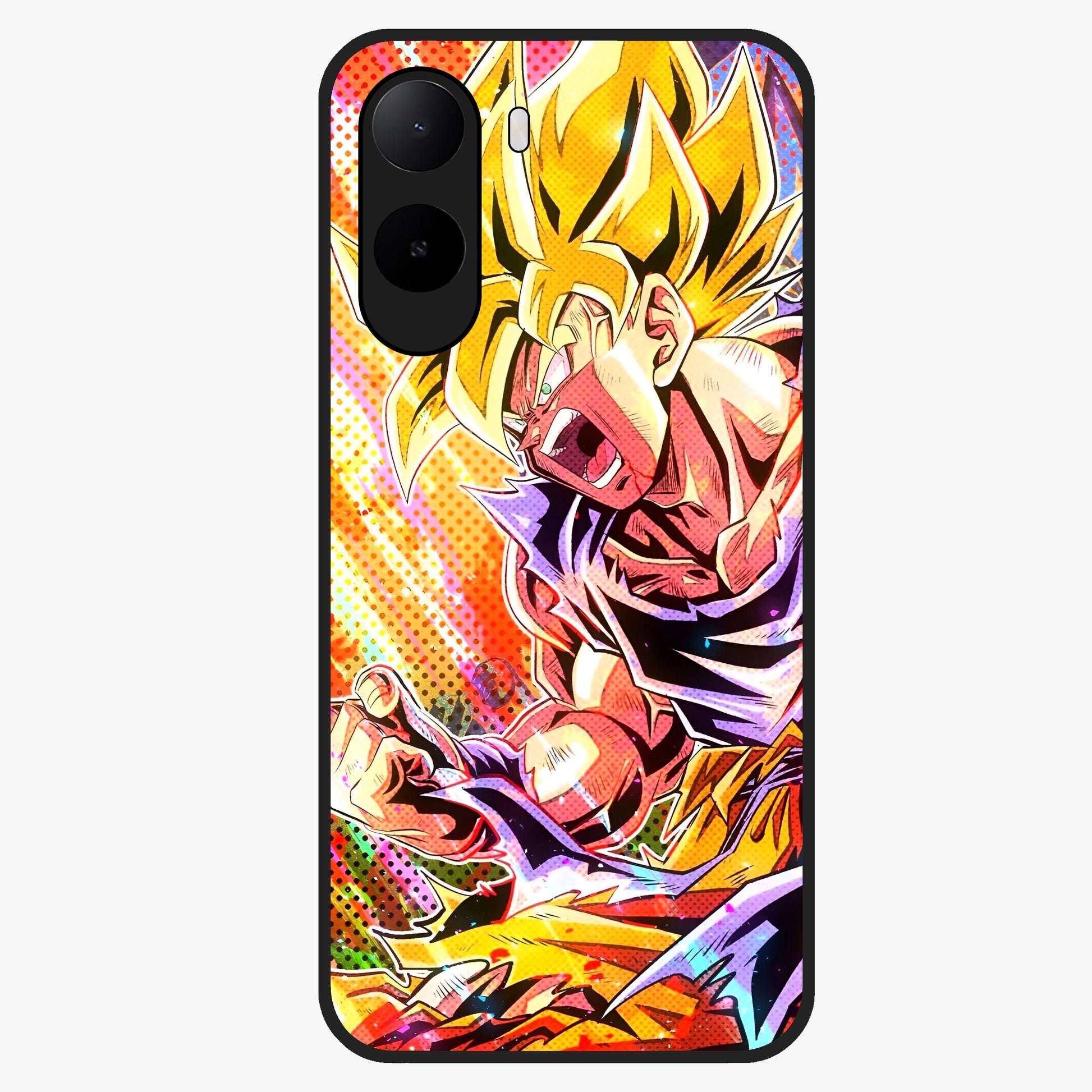 Firing Goku Glass Case showing flat back view with powerful anime inspired artwork and glossy glass finish.