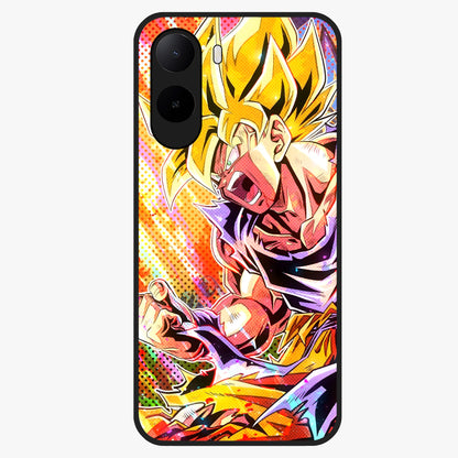 Firing Goku Glass Case showing flat back view with powerful anime inspired artwork and glossy glass finish.