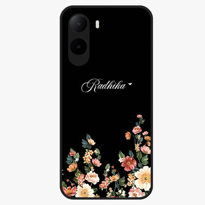 Floral Design With a Custom Personalized Name Glass Case showing flat back view with floral artwork and personalized name design.