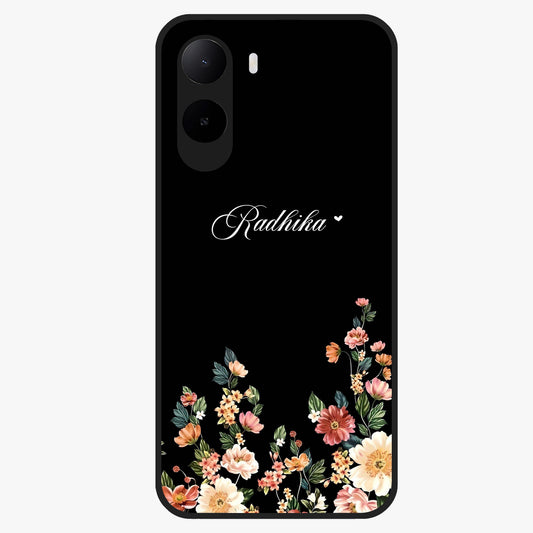 Floral Design With a Custom Personalized Name Glass Case showing flat back view with floral artwork and personalized name design.