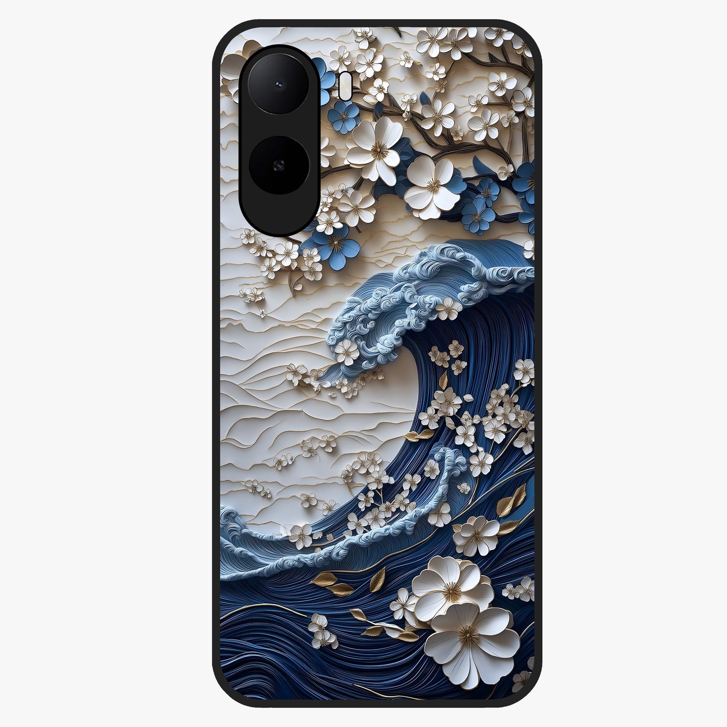 Floral Wave Origami Glass Case showing flat back view with origami inspired floral wave artwork and glossy glass finish.