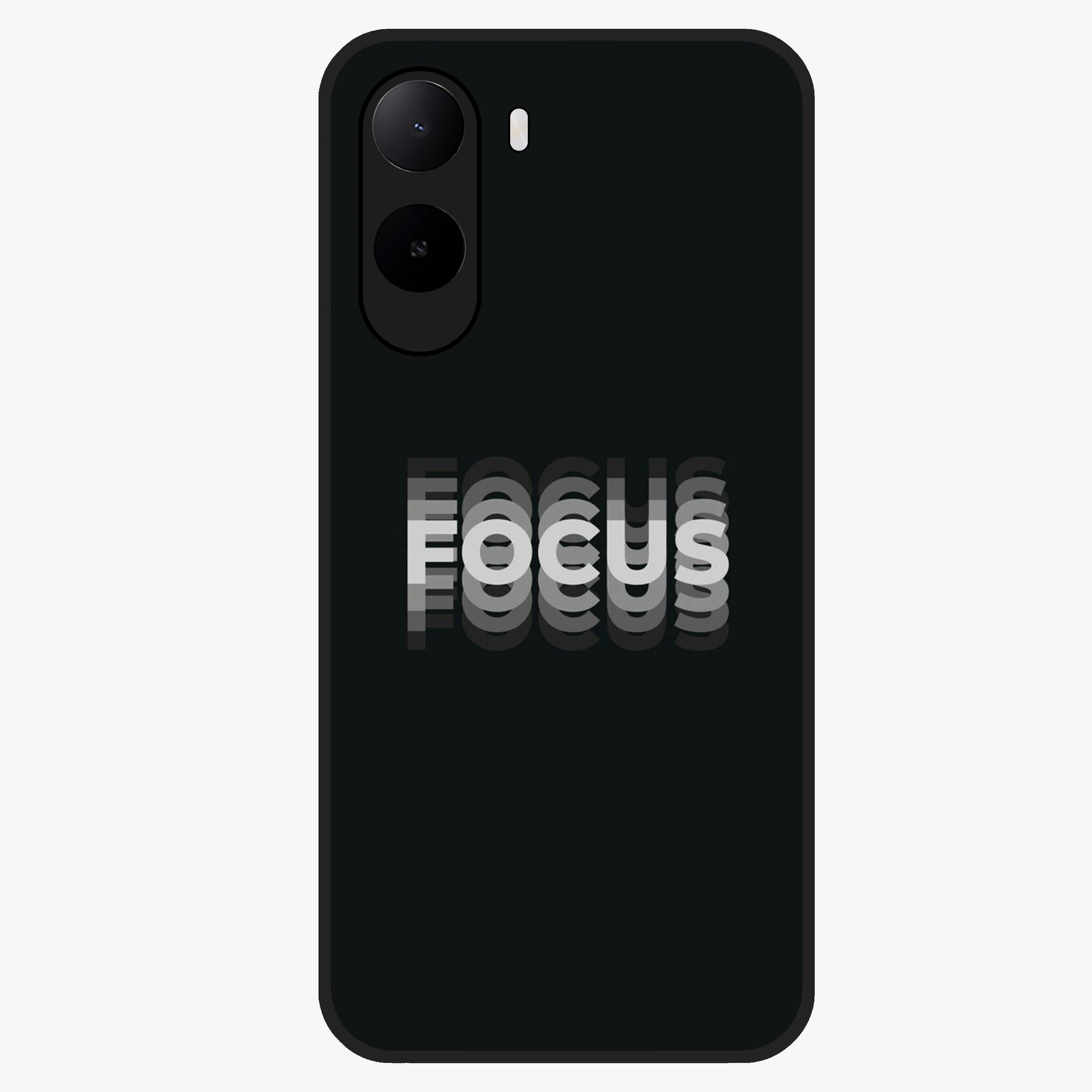 Focus Mode On Glass Case showing flat back view with bold motivational typography design and glossy glass finish.