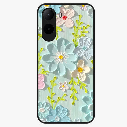 Frosted Petal Garden Glass Case showing flat back view with soft frosted floral artwork and glossy glass finish.