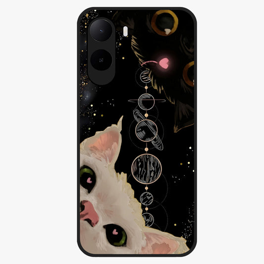 Galactic Cat Glass Case showing flat back view with cosmic cat artwork and glossy glass finish.