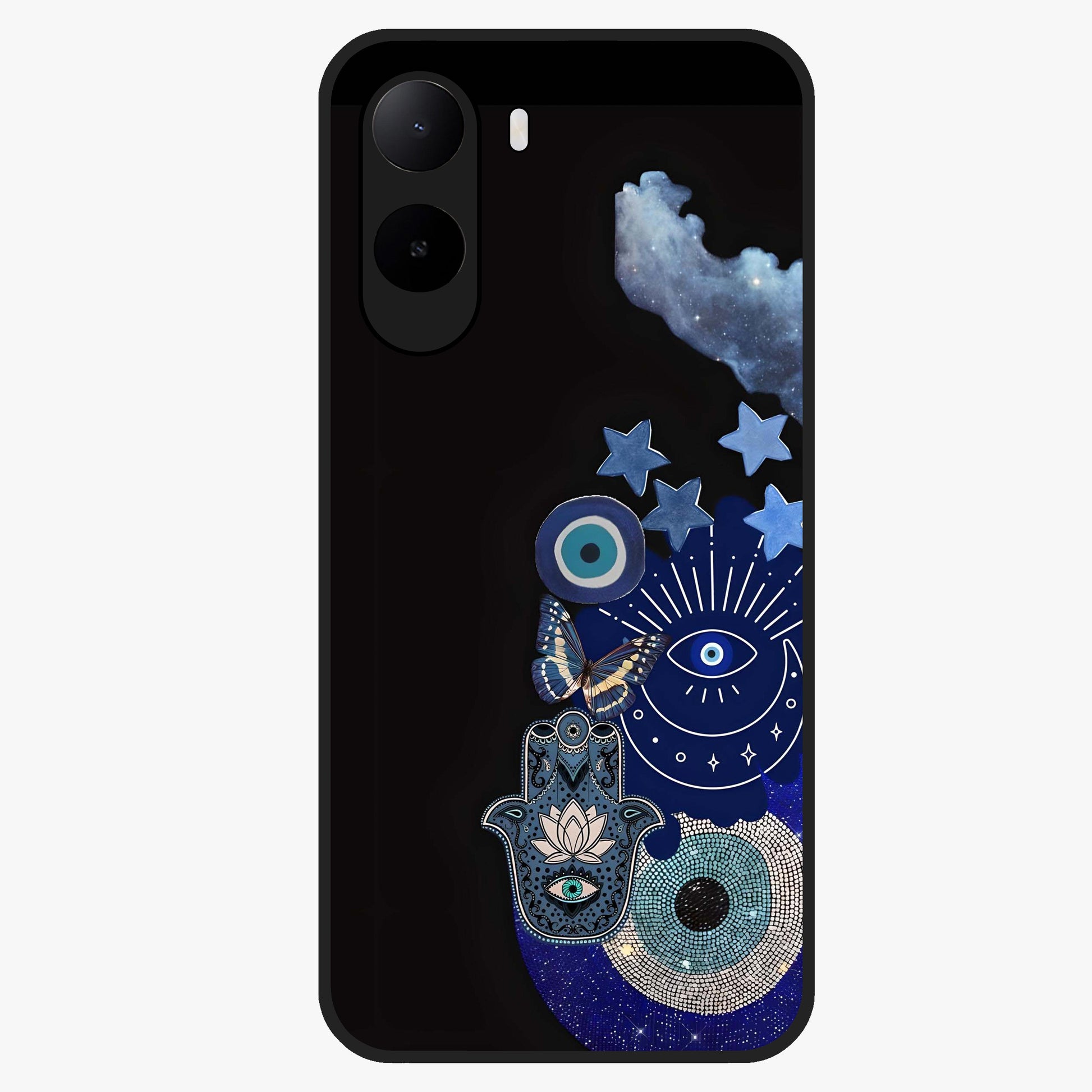 Galactic Charm Cluster Glass Case showing flat back view with glowing celestial charm artwork and glossy glass finish.