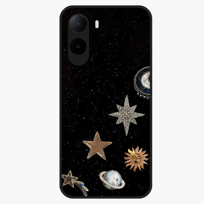 Galactic Charm Glow Glass Case showing flat back view with glowing celestial charm artwork and glossy glass finish.