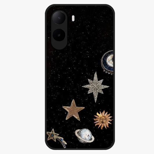 Galactic Charm Glow Glass Case showing flat back view with glowing celestial charm artwork and glossy glass finish.