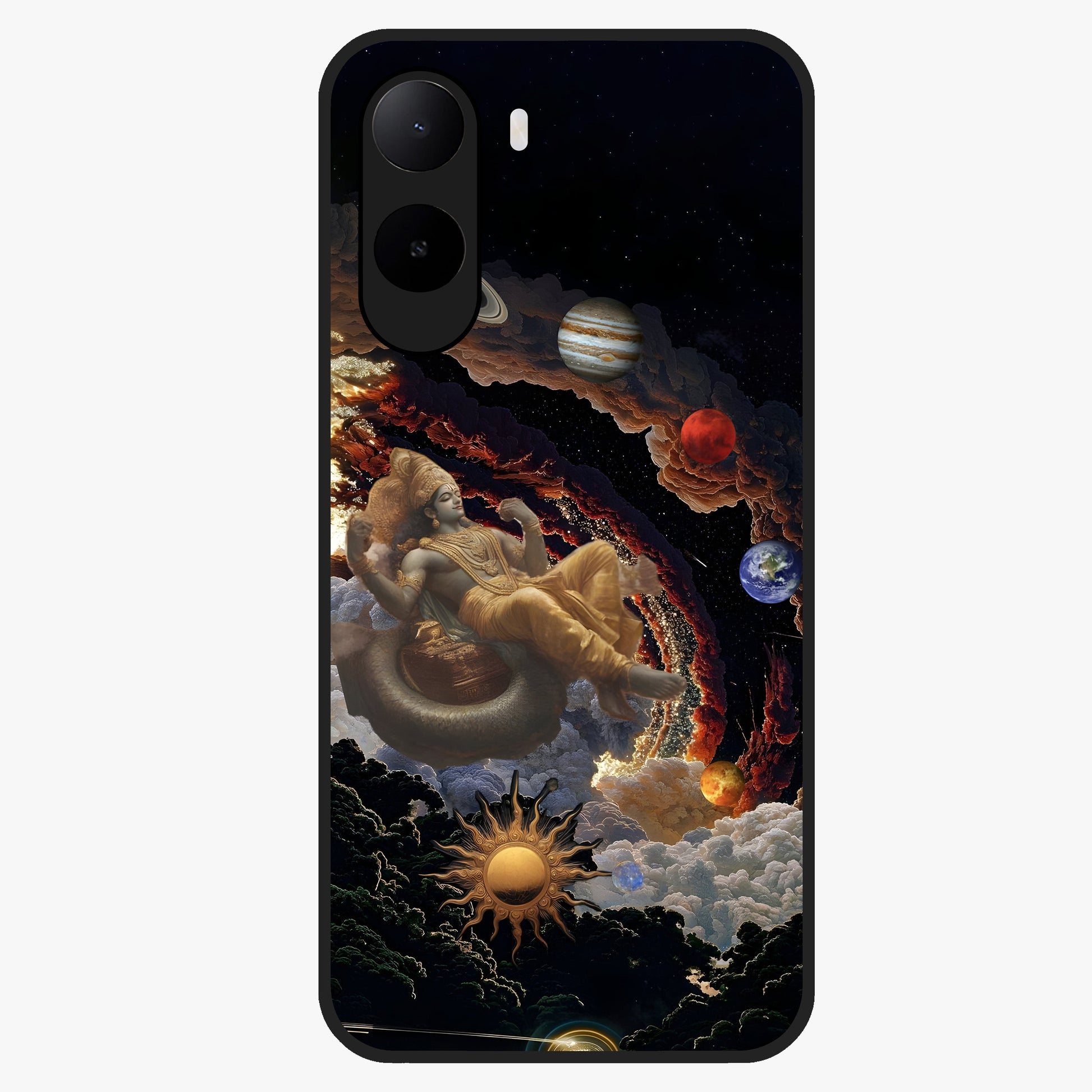 Galactic Divine God Glass Case showing flat back view with divine cosmic themed artwork and glossy glass finish.