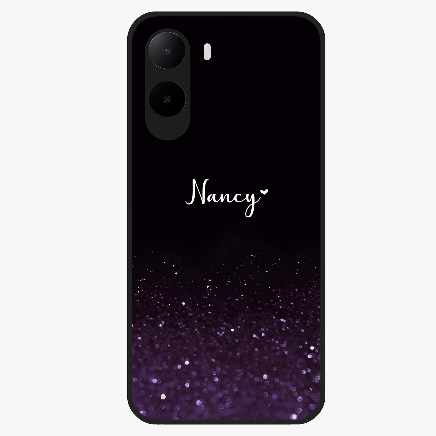 Glittery Purple Bokeh Custom Name Glass Case showing flat back view with purple bokeh sparkle artwork and personalized name design.