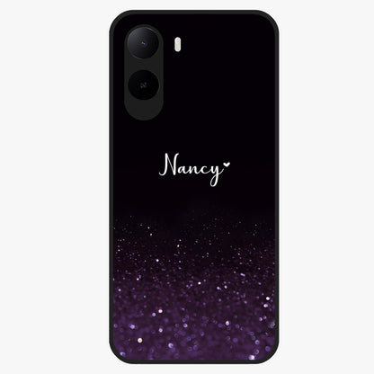 Glittery Purple Bokeh Custom Name Glass Case showing flat back view with purple bokeh sparkle artwork and personalized name design.