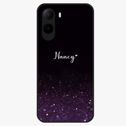 Glittery Purple Bokeh Custom Name Glass Case showing flat back view with purple bokeh sparkle artwork and personalized name design.