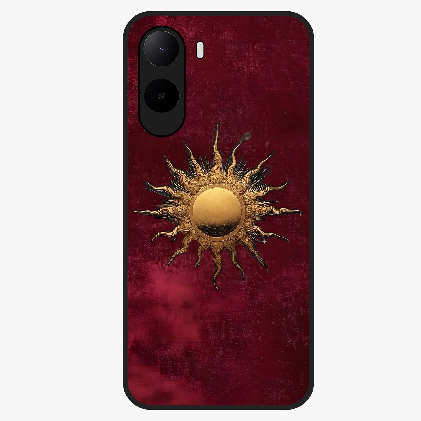 Gold Sun Blush Glass Case showing flat back view with golden sun inspired artwork and glossy glass finish.