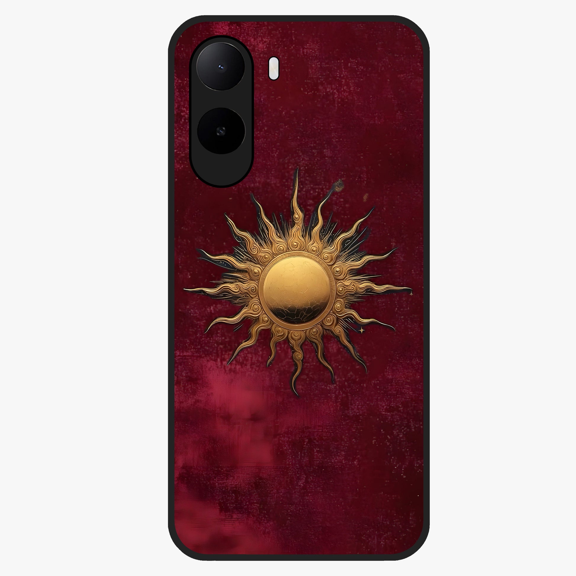 Gold Sun Blush Glass Case showing flat back view with golden sun inspired artwork and glossy glass finish.