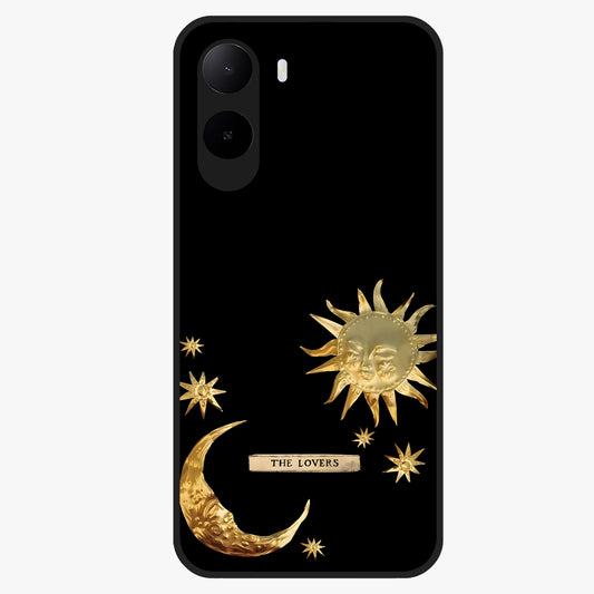 Golden Celestial Charm Glass Case showing flat back view with golden celestial charm artwork and glossy glass finish.