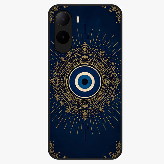 Golden Evil Eye Mandala Glass Case showing flat back view with intricate evil eye mandala artwork and glossy glass finish.