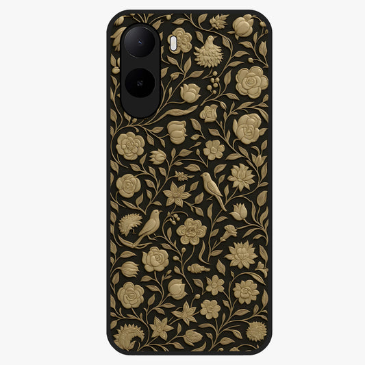 Golden Floral Majesty Glass Case showing flat back view with luxurious golden floral artwork and glossy glass finish.