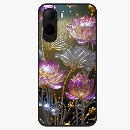 Golden Lotus Glow Glass Case showing flat back view with glowing lotus flower artwork and glossy glass finish.