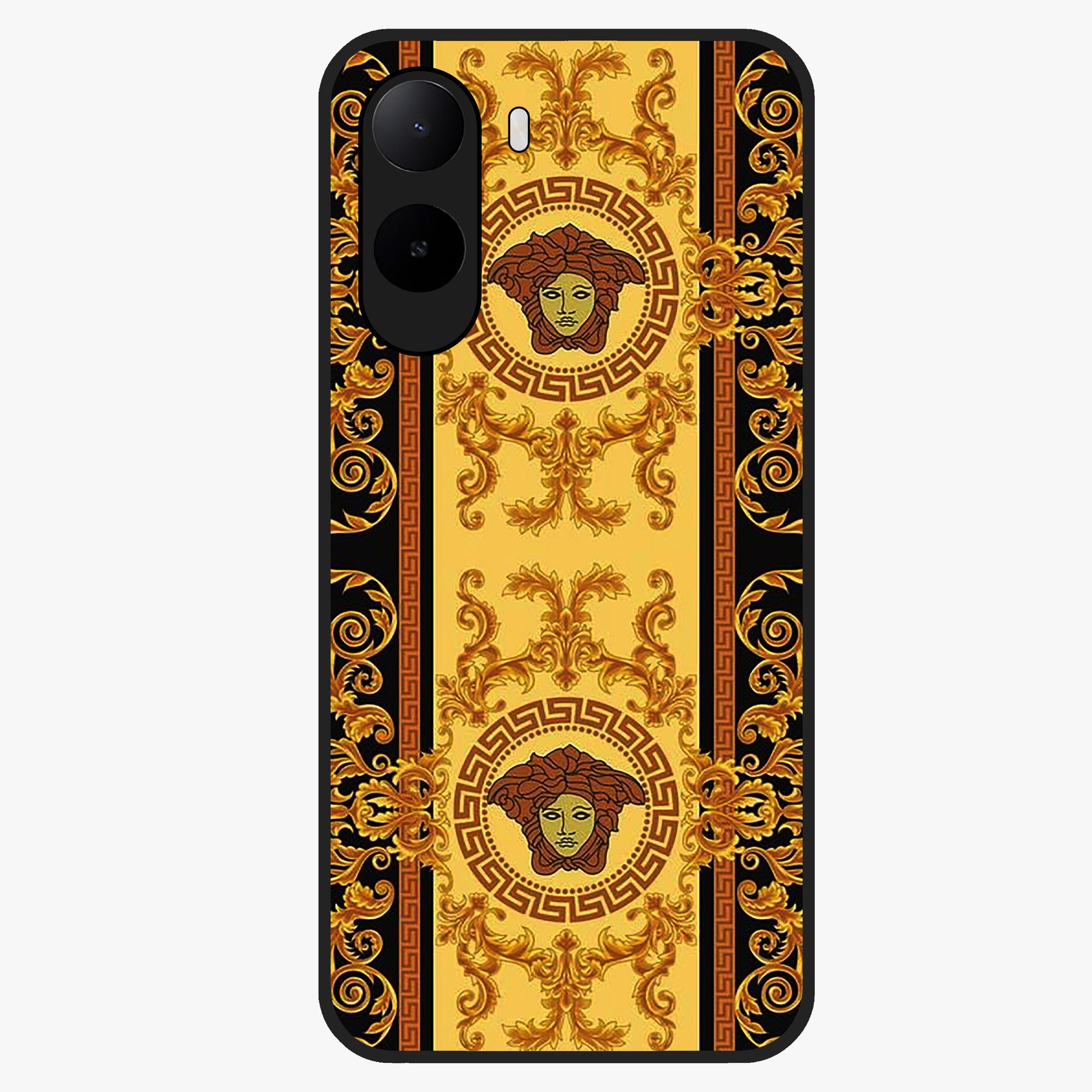 Golden Royal Heritage Glass Case showing flat back view with ornate royal pattern artwork and glossy glass finish.