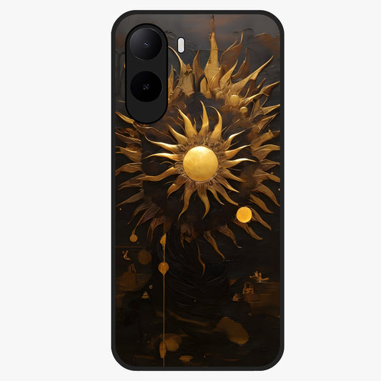Golden Sun Majesty Glass Case showing flat back view with radiant golden sun artwork and glossy glass finish.
