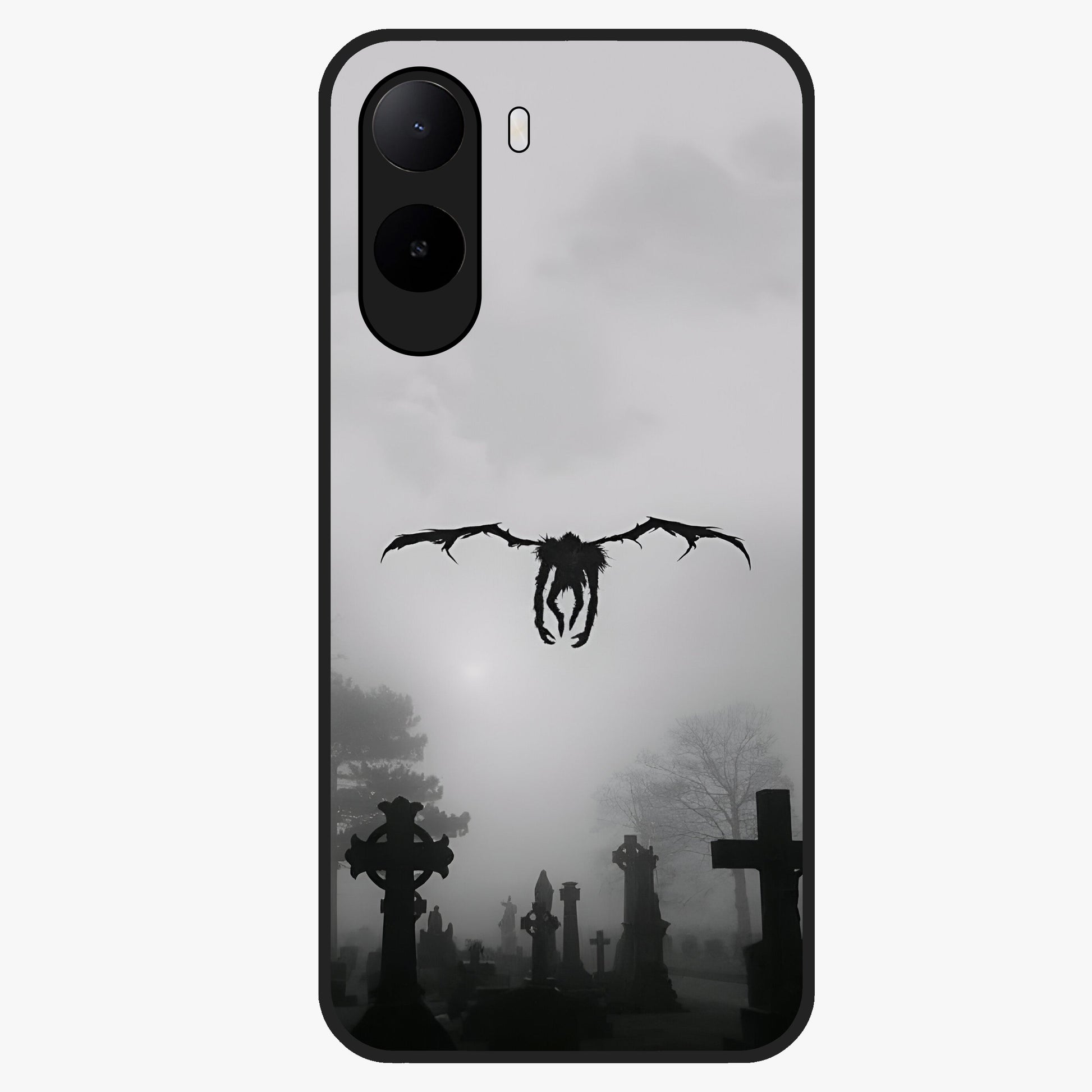 Graveyard Shadow Descent Glass Case showing flat back view with dark graveyard themed artwork and glossy glass finish.