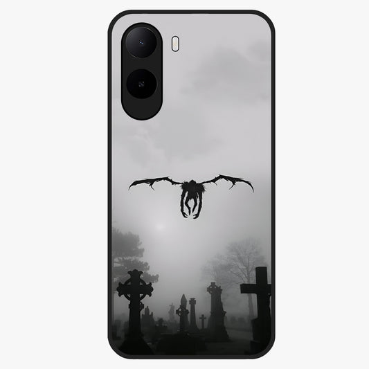 Graveyard Shadow Descent Glass Case showing flat back view with dark graveyard themed artwork and glossy glass finish.