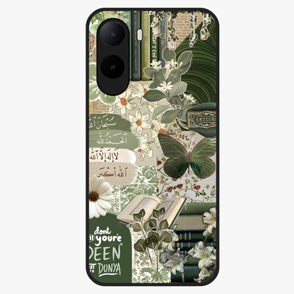 Green Islamic Books Quotes Glass Case showing flat back view with Islamic quotes and book themed artwork and glossy glass finish.